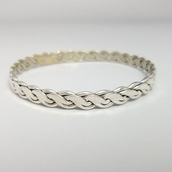 Vintage Silver Tone Braided Bangle Bracelet, Flat Woven Design, Estate - Picture 8 of 8